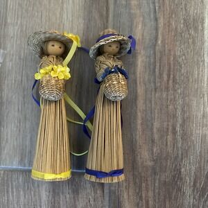 2‎ Vtg Handmade Hand Woven Straw Doll 6.5" Korea Lady Girl Figure Cottage Core